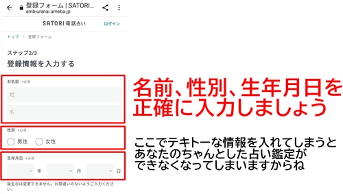 SATORI電話占いの入会手続き　名前、性別、生年月日入力画面
