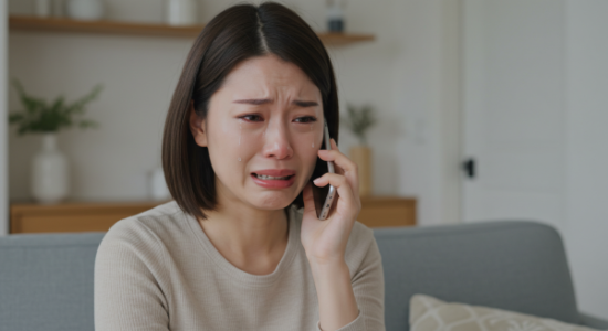 泣きながら電話をかける