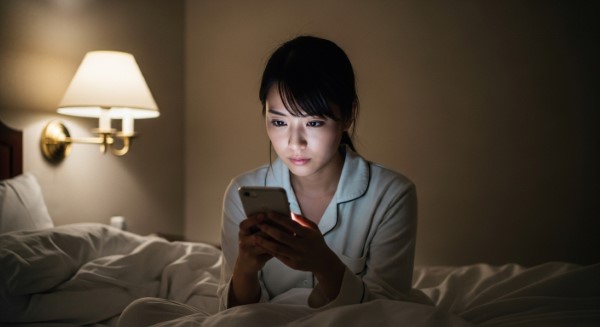 スマートフォンを見て悩む女性