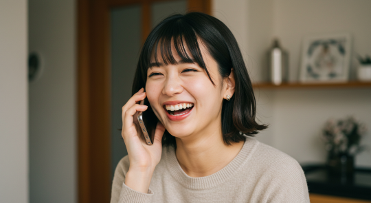 電話占いヴェルニで占い師を選び、笑顔になる女性