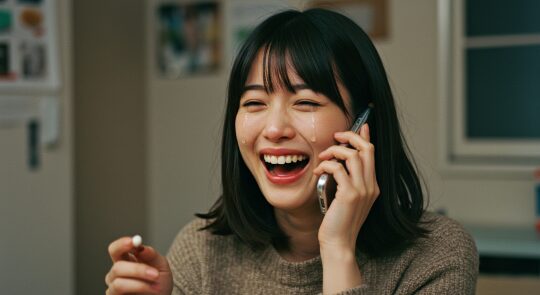 電話占いで霊感占いを受け喜ぶ女性