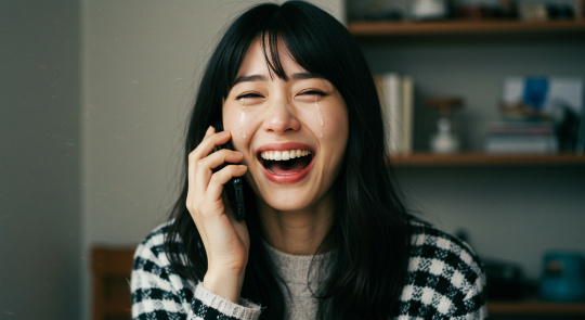 笑顔で無料の電話占いを試す女性