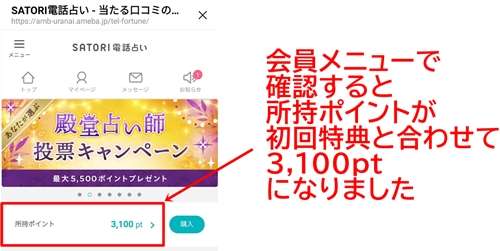 SATORI電話占いLINE連携方法　会員メニューでポイントの確認