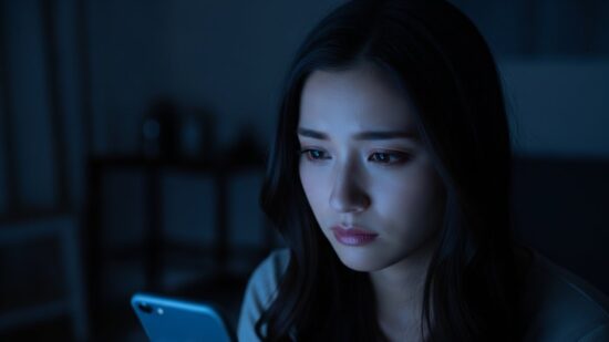 一人、スマホを握りしめて悩んでいる