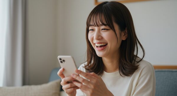 スマートフォンを見て笑顔の女性